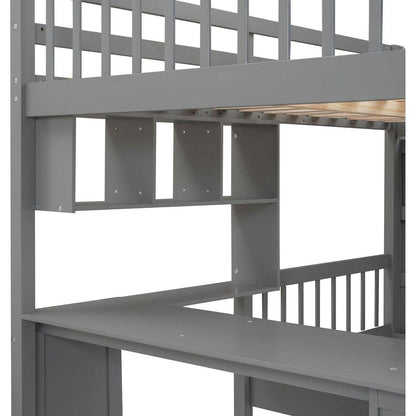 Full Over Twin Bunk Bed with Desk, Drawers and Shelves, Gray