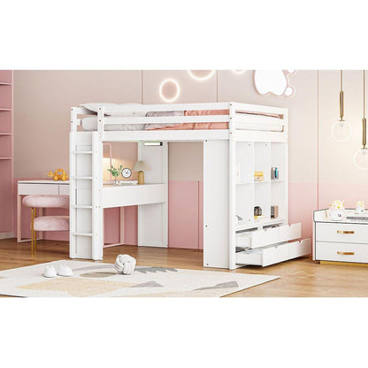 Full Size Loft Bed with large shelves, writing desk and LED Light, White