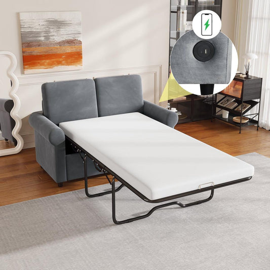 57.4" Pull Out Sofa Bed,Sleeper Sofa Bed with Premium Twin Size Mattress Pad,2-in-1 Pull Out Couch Bed with Two USB Ports for Living Room,Small Apartment, Gray