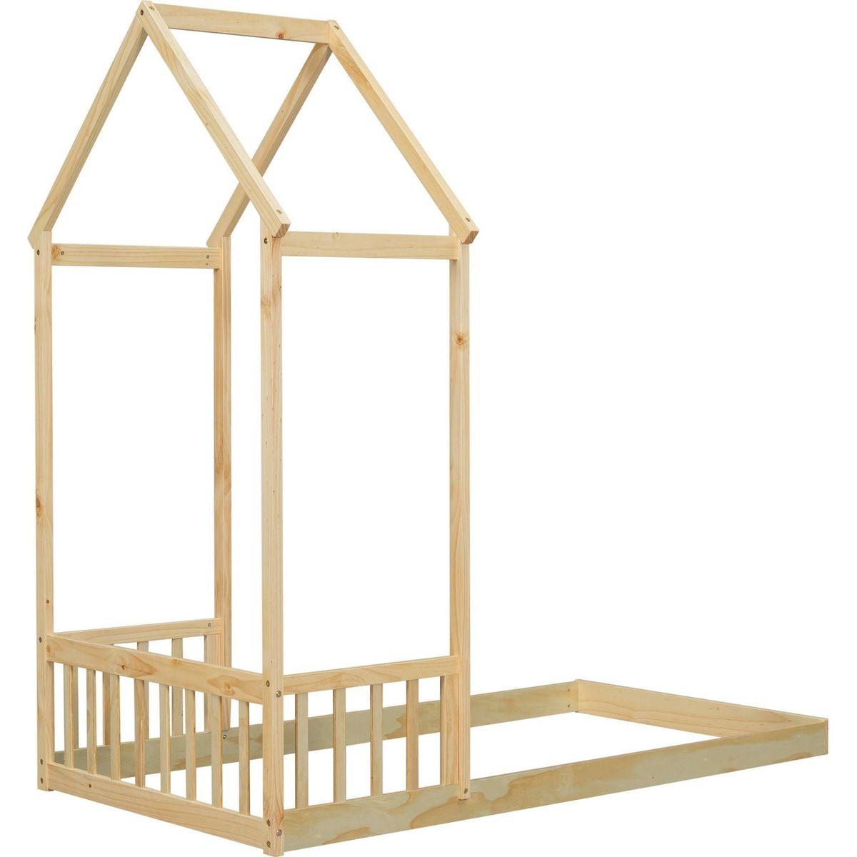 Twin House-shaped Roof Headboard Floor Bed,,(without slats),Natural