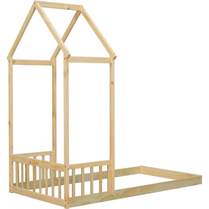 Twin House-shaped Roof Headboard Floor Bed,,(without slats),Natural