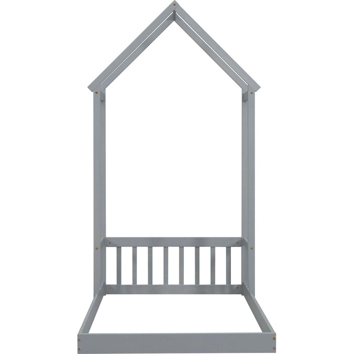 Twin House-shaped Roof Headboard Floor Bed,,(without slats),Grey