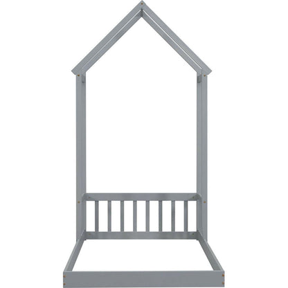 Twin House-shaped Roof Headboard Floor Bed,,(without slats),Grey