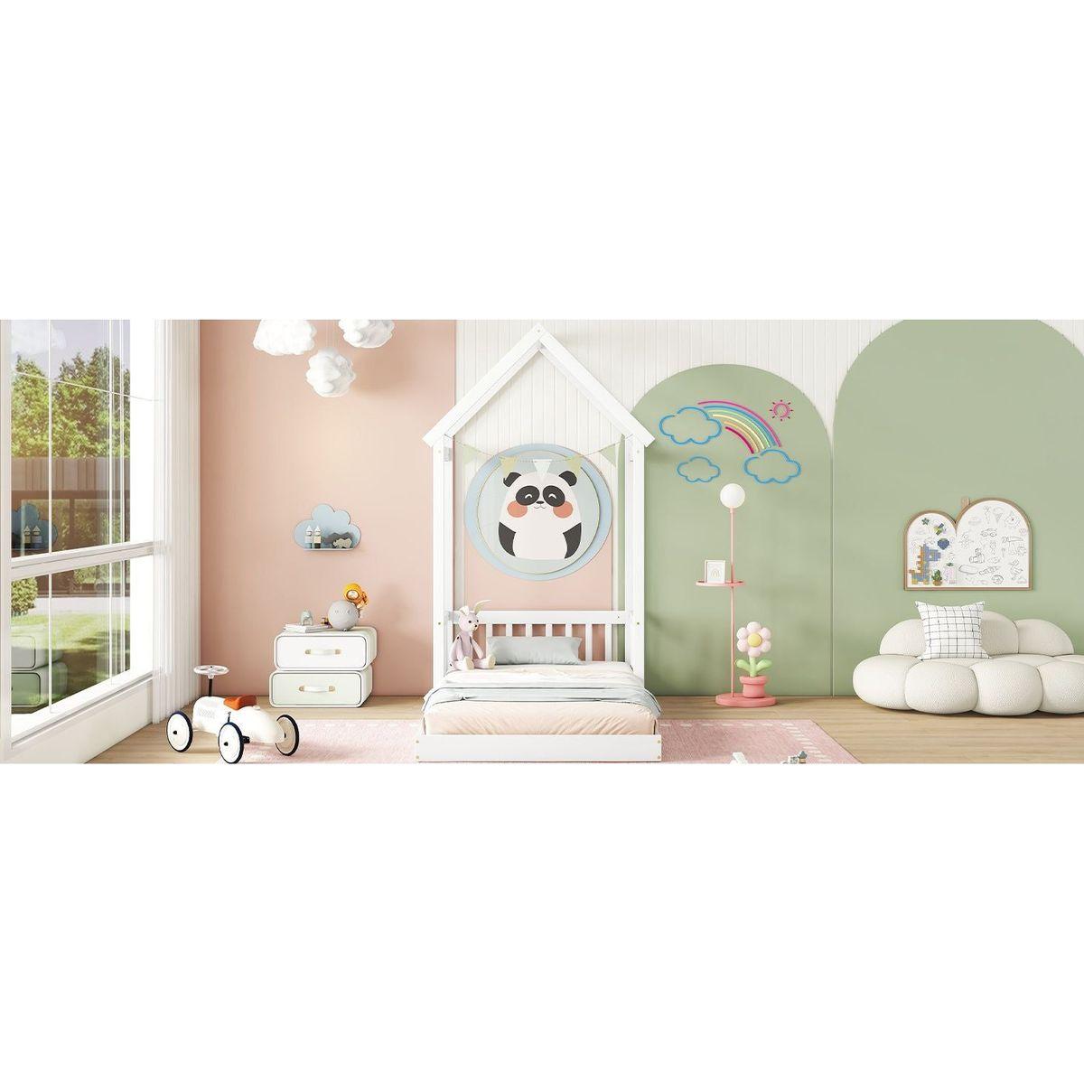 Twin House-shaped Roof Headboard Floor Bed,,(without slats),White