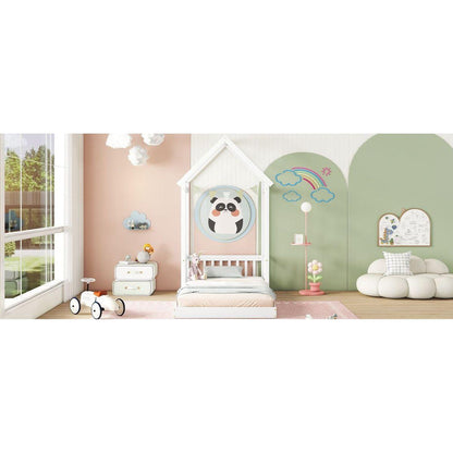Twin House-shaped Roof Headboard Floor Bed,,(without slats),White