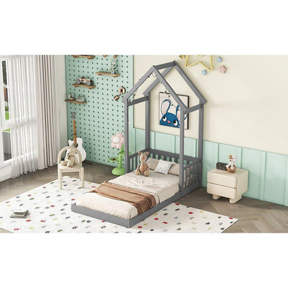 Twin House-shaped Roof Headboard Floor Bed,,(without slats),Grey