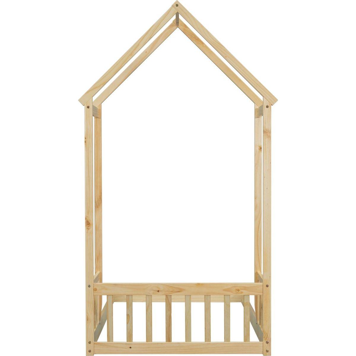 Twin House-shaped Roof Headboard Floor Bed,,(without slats),Natural