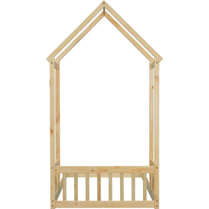 Twin House-shaped Roof Headboard Floor Bed,,(without slats),Natural