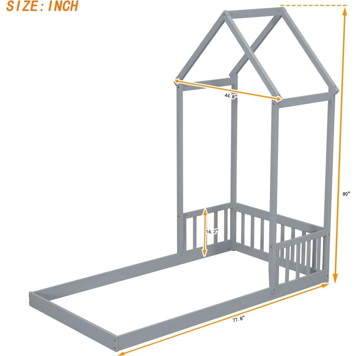 Twin House-shaped Roof Headboard Floor Bed,,(without slats),Grey