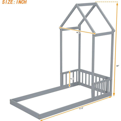 Twin House-shaped Roof Headboard Floor Bed,,(without slats),Grey
