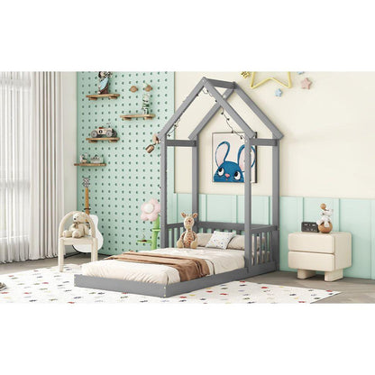Twin House-shaped Roof Headboard Floor Bed,,(without slats),Grey