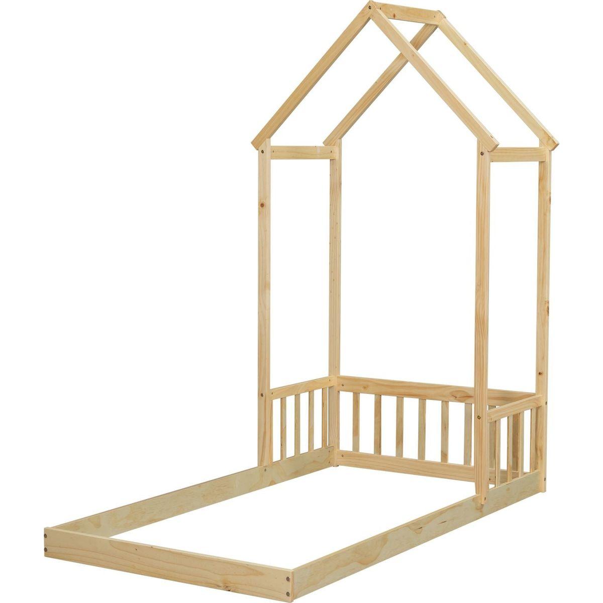 Twin House-shaped Roof Headboard Floor Bed,,(without slats),Natural