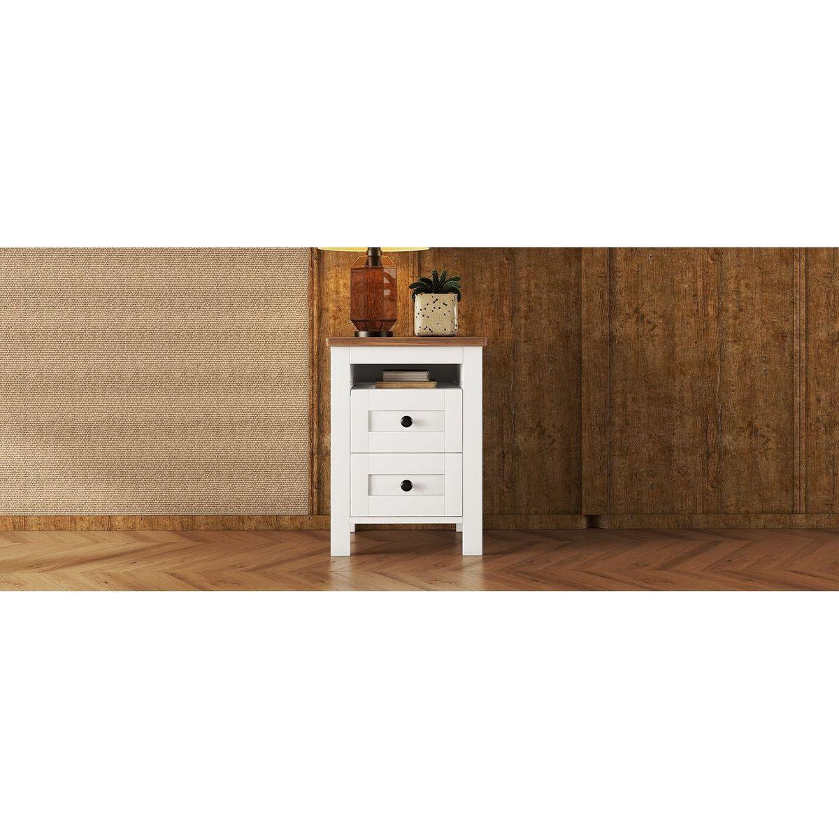2-Drawer Farmhouse Wooden Nightstand with Well-proportioned Design and Sleek Lines, Wood Side Table with Storage Cabinet for Bedroom, White+Brown