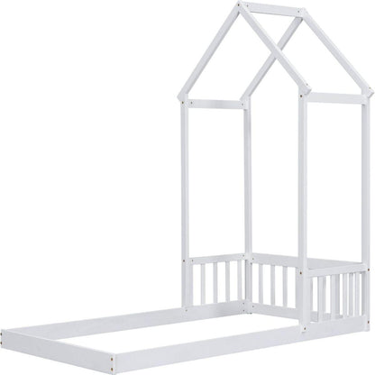 Twin House-shaped Roof Headboard Floor Bed,,(without slats),White