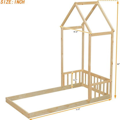 Twin House-shaped Roof Headboard Floor Bed,,(without slats),Natural