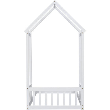 Twin House-shaped Roof Headboard Floor Bed,,(without slats),White