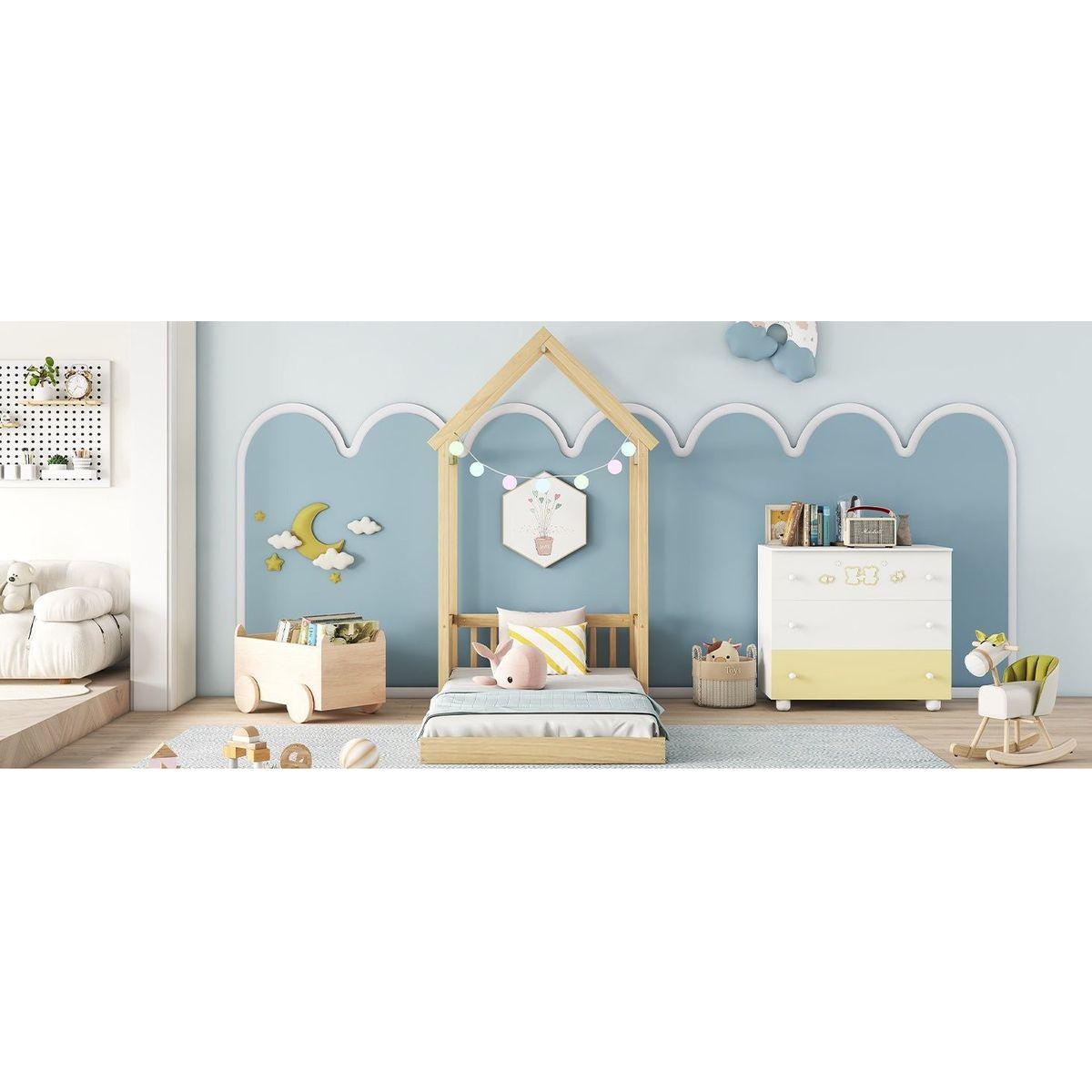 Twin House-shaped Roof Headboard Floor Bed,,(without slats),Natural