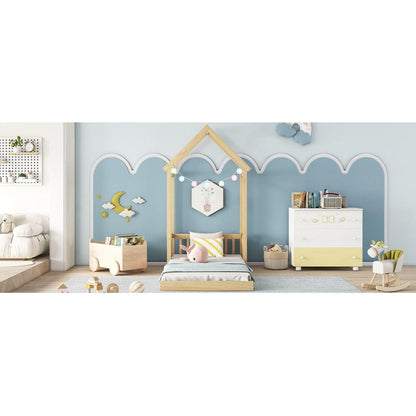 Twin House-shaped Roof Headboard Floor Bed,,(without slats),Natural