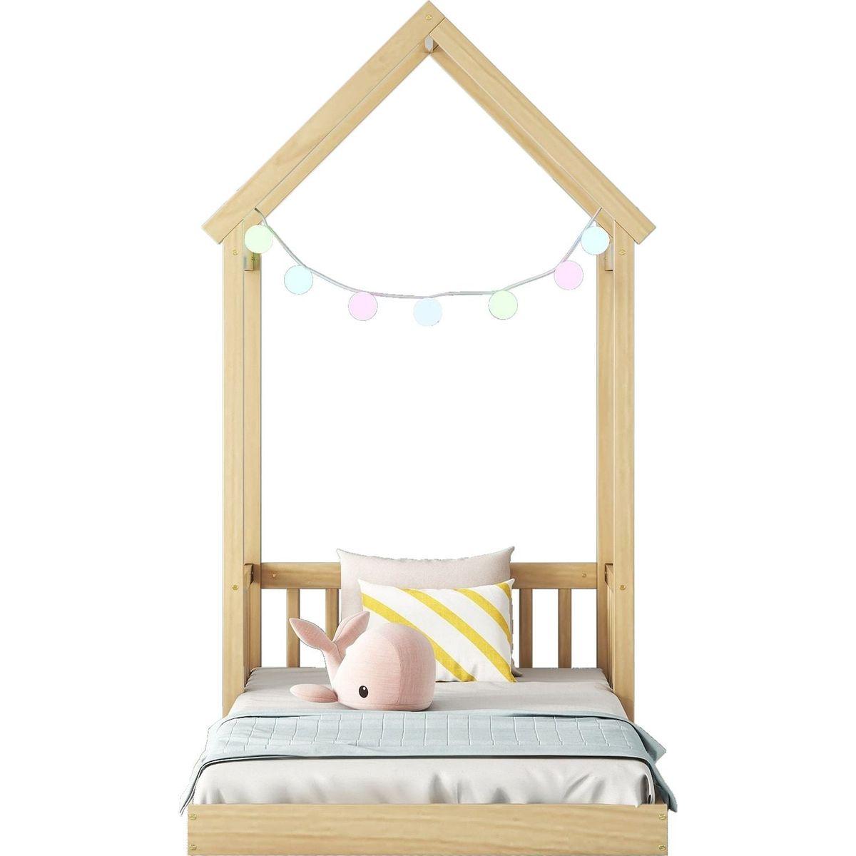 Twin House-shaped Roof Headboard Floor Bed,,(without slats),Natural