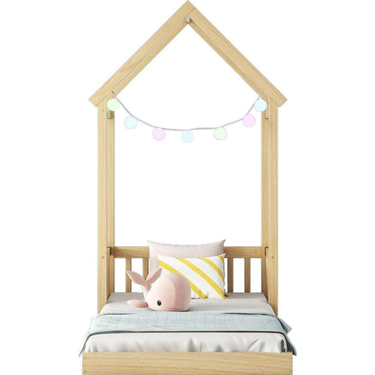 Twin House-shaped Roof Headboard Floor Bed,,(without slats),Natural