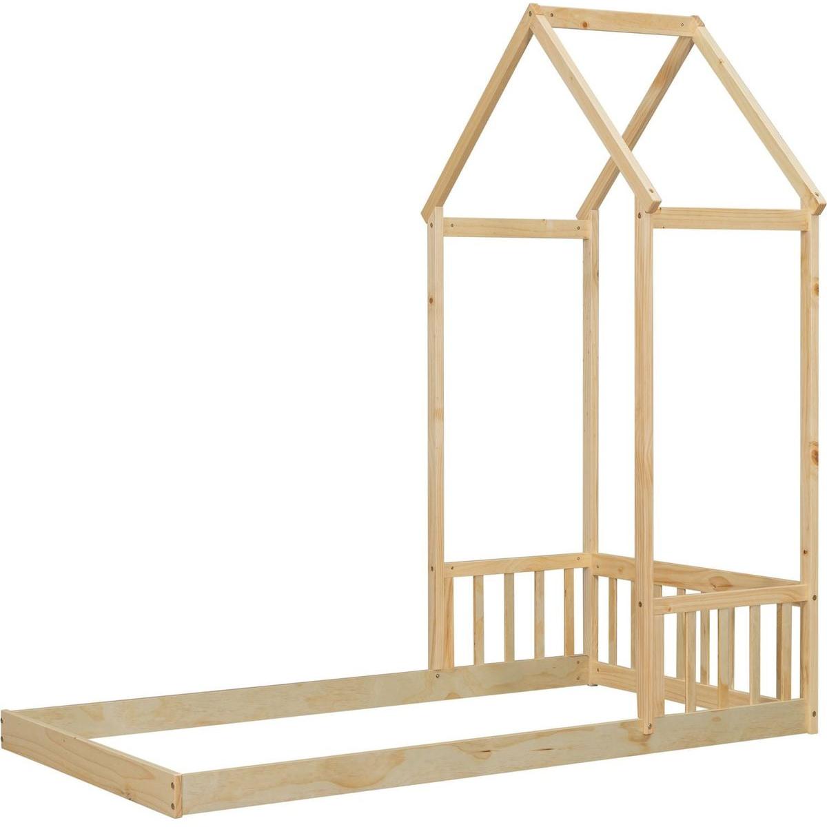 Twin House-shaped Roof Headboard Floor Bed,,(without slats),Natural