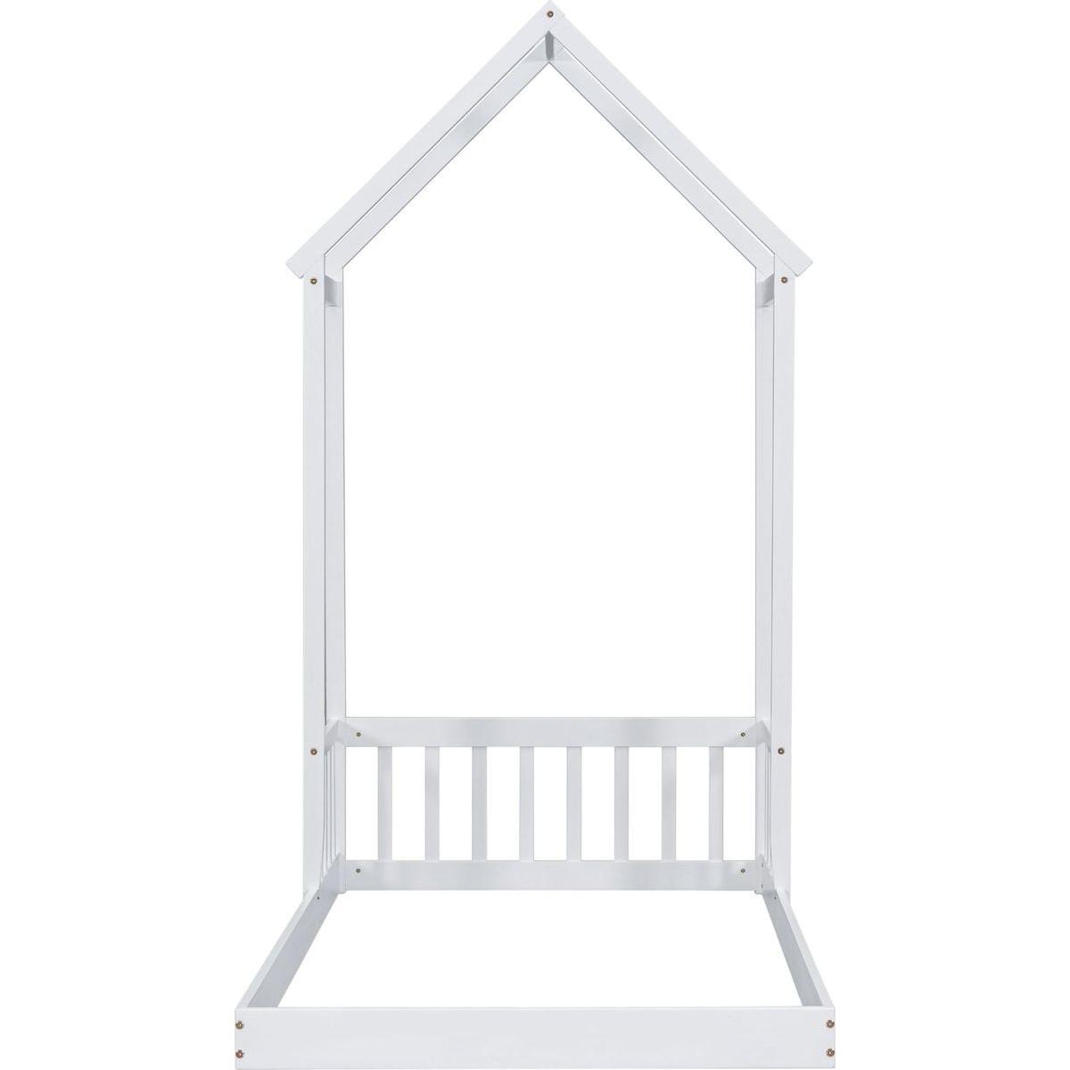 Twin House-shaped Roof Headboard Floor Bed,,(without slats),White