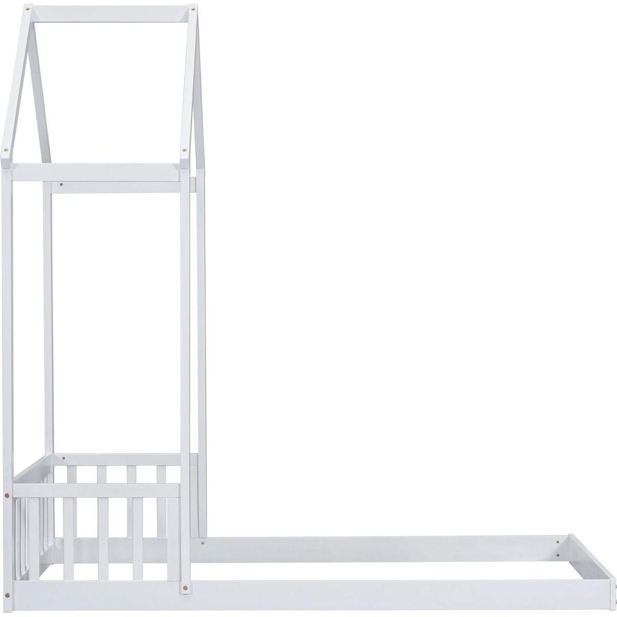Twin House-shaped Roof Headboard Floor Bed,,(without slats),White