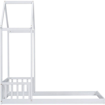 Twin House-shaped Roof Headboard Floor Bed,,(without slats),White