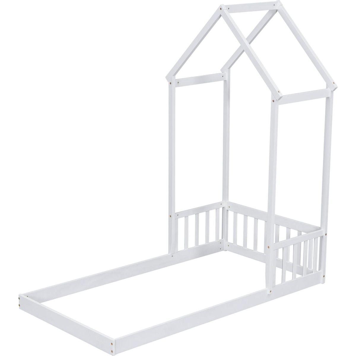 Twin House-shaped Roof Headboard Floor Bed,,(without slats),White