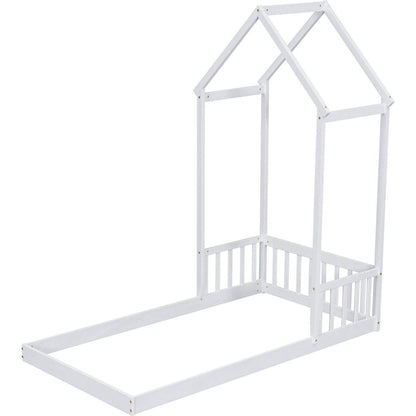 Twin House-shaped Roof Headboard Floor Bed,,(without slats),White