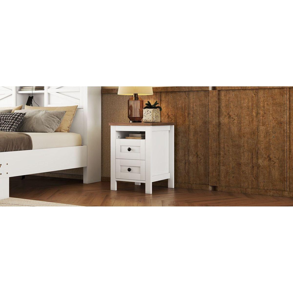 2-Drawer Farmhouse Wooden Nightstand with Well-proportioned Design and Sleek Lines, Wood Side Table with Storage Cabinet for Bedroom, White+Brown