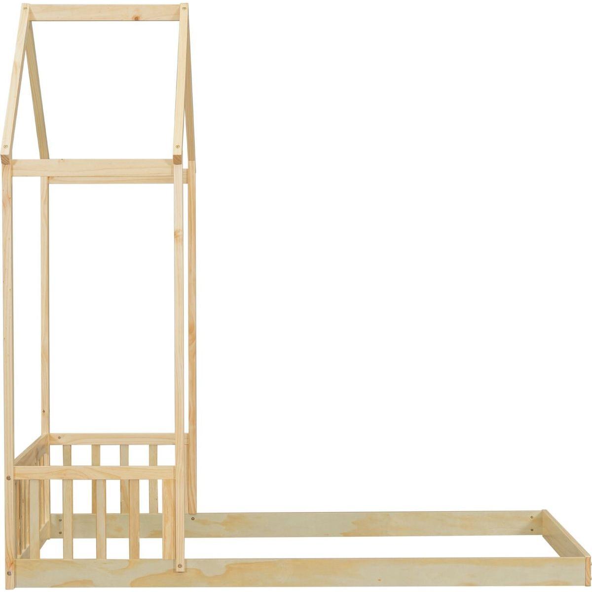 Twin House-shaped Roof Headboard Floor Bed,,(without slats),Natural