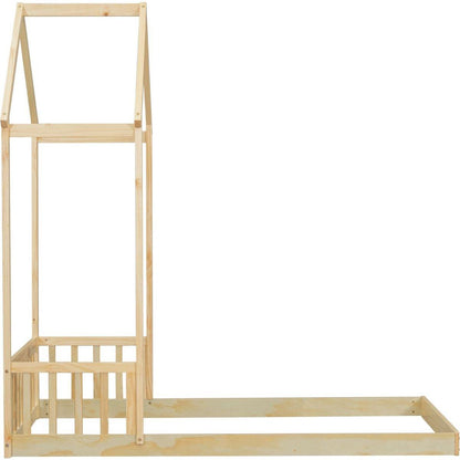 Twin House-shaped Roof Headboard Floor Bed,,(without slats),Natural