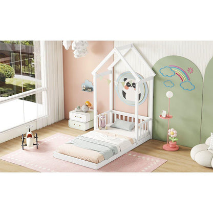 Twin House-shaped Roof Headboard Floor Bed,,(without slats),White