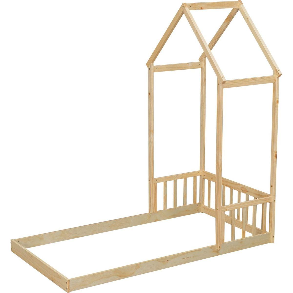 Twin House-shaped Roof Headboard Floor Bed,,(without slats),Natural