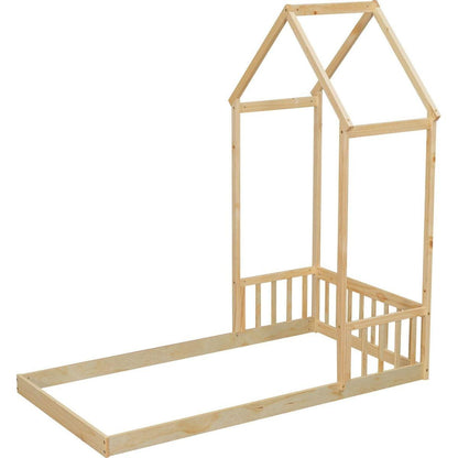 Twin House-shaped Roof Headboard Floor Bed,,(without slats),Natural