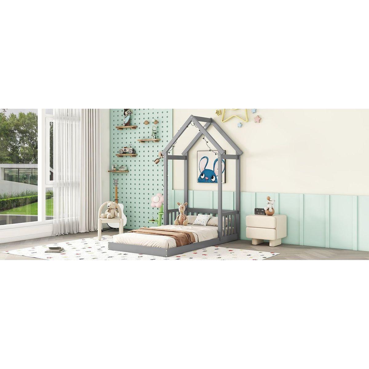 Twin House-shaped Roof Headboard Floor Bed,,(without slats),Grey