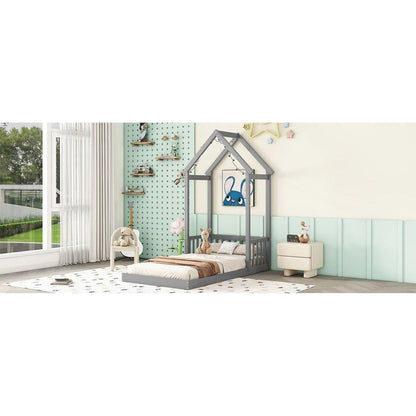 Twin House-shaped Roof Headboard Floor Bed,,(without slats),Grey