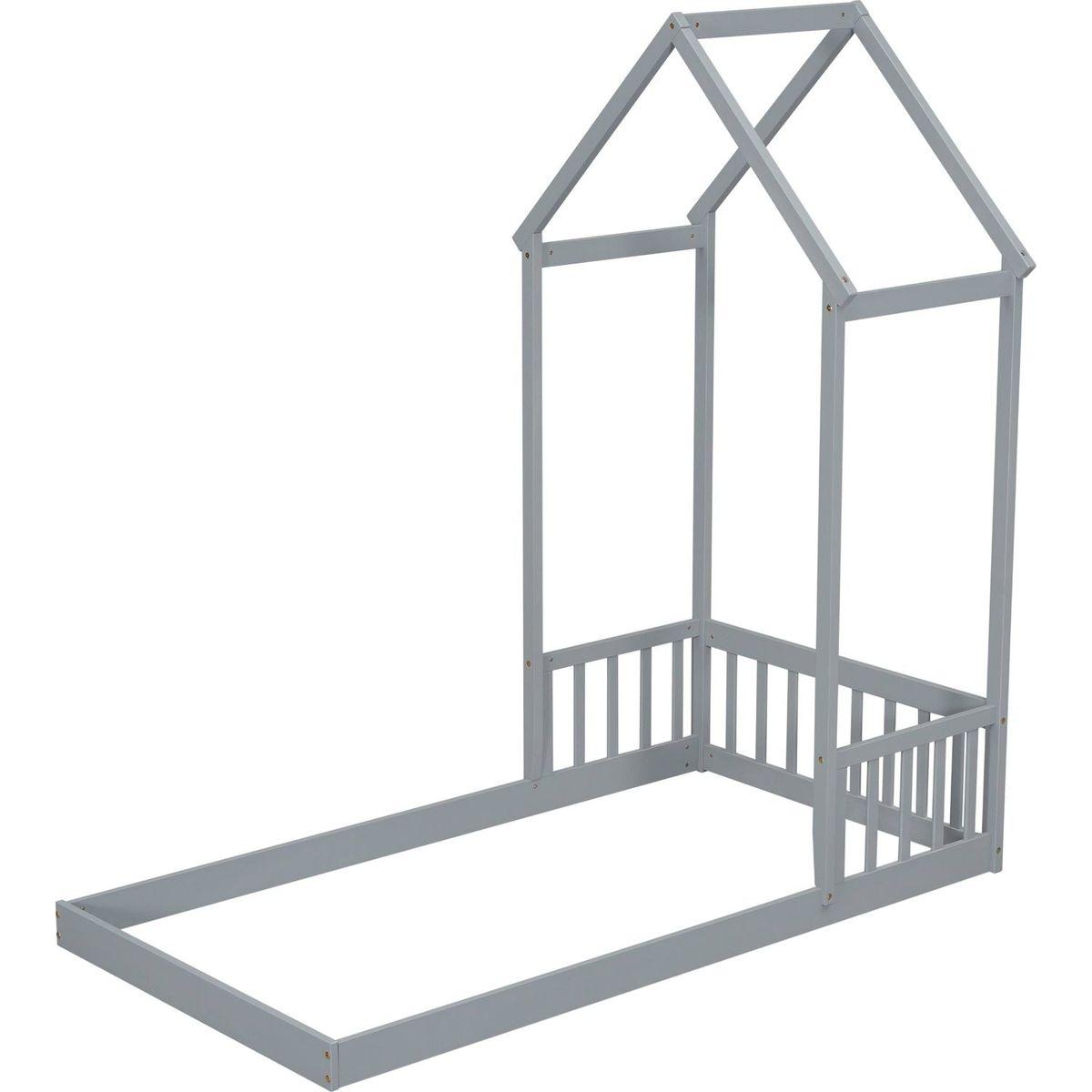 Twin House-shaped Roof Headboard Floor Bed,,(without slats),Grey