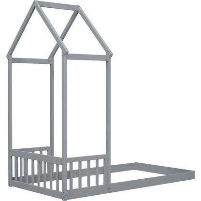 Twin House-shaped Roof Headboard Floor Bed,,(without slats),Grey