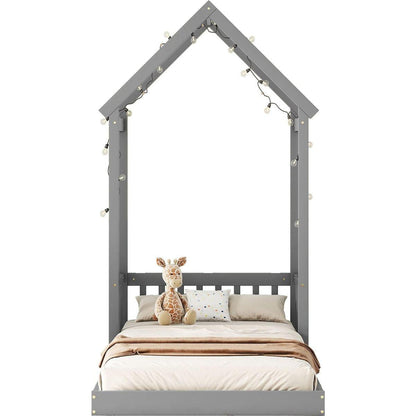 Twin House-shaped Roof Headboard Floor Bed,,(without slats),Grey