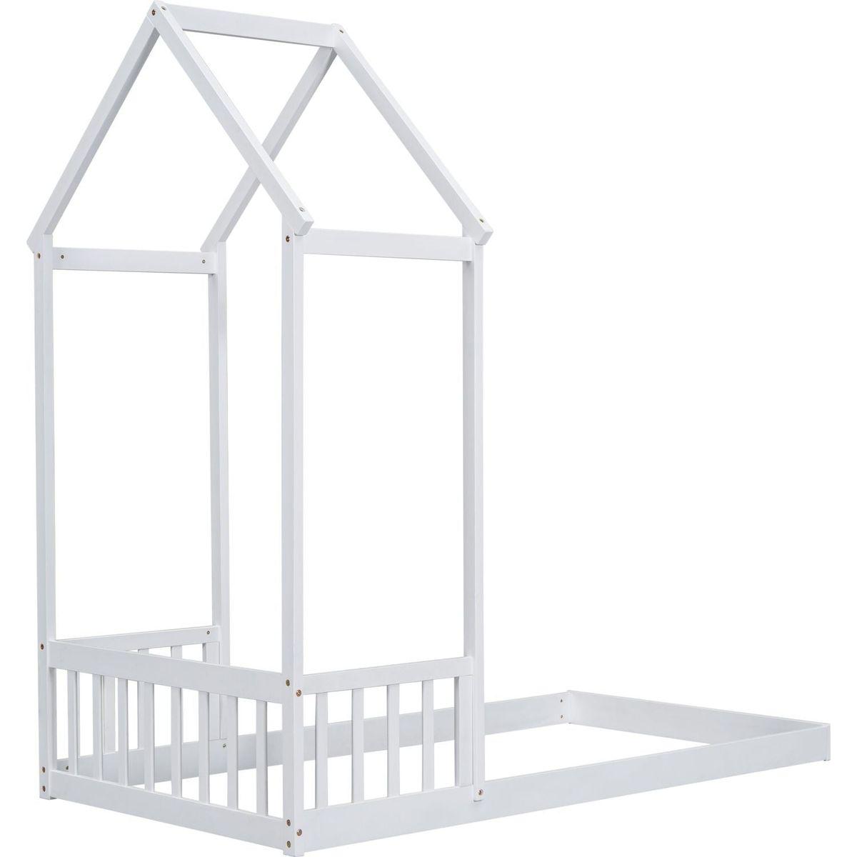 Twin House-shaped Roof Headboard Floor Bed,,(without slats),White