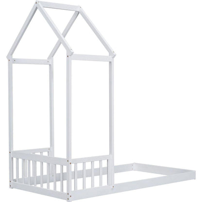 Twin House-shaped Roof Headboard Floor Bed,,(without slats),White