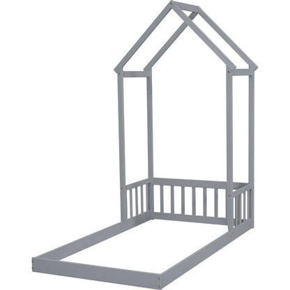 Twin House-shaped Roof Headboard Floor Bed,,(without slats),Grey