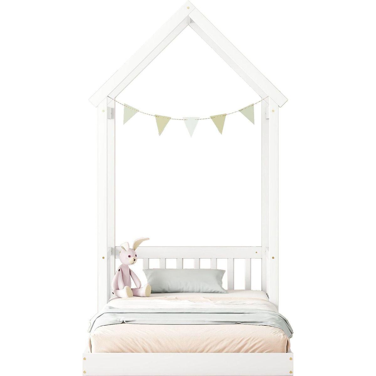 Twin House-shaped Roof Headboard Floor Bed,,(without slats),White