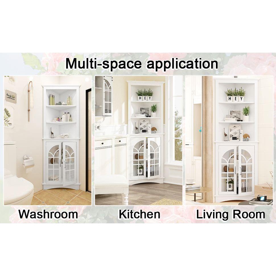 Corner Storage Cabinet, 63.3" Tall Freestanding Bookcase with Doors & Adjustable Shelves, 5-Tier Corner Display Cabinet for Living Room, Office, Dining Room, White