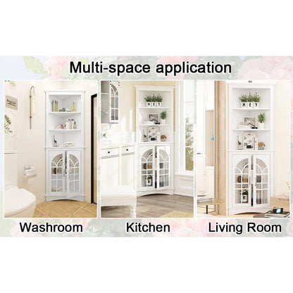 Corner Storage Cabinet, 63.3" Tall Freestanding Bookcase with Doors & Adjustable Shelves, 5-Tier Corner Display Cabinet for Living Room, Office, Dining Room, White