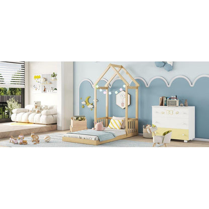 Twin House-shaped Roof Headboard Floor Bed,,(without slats),Natural