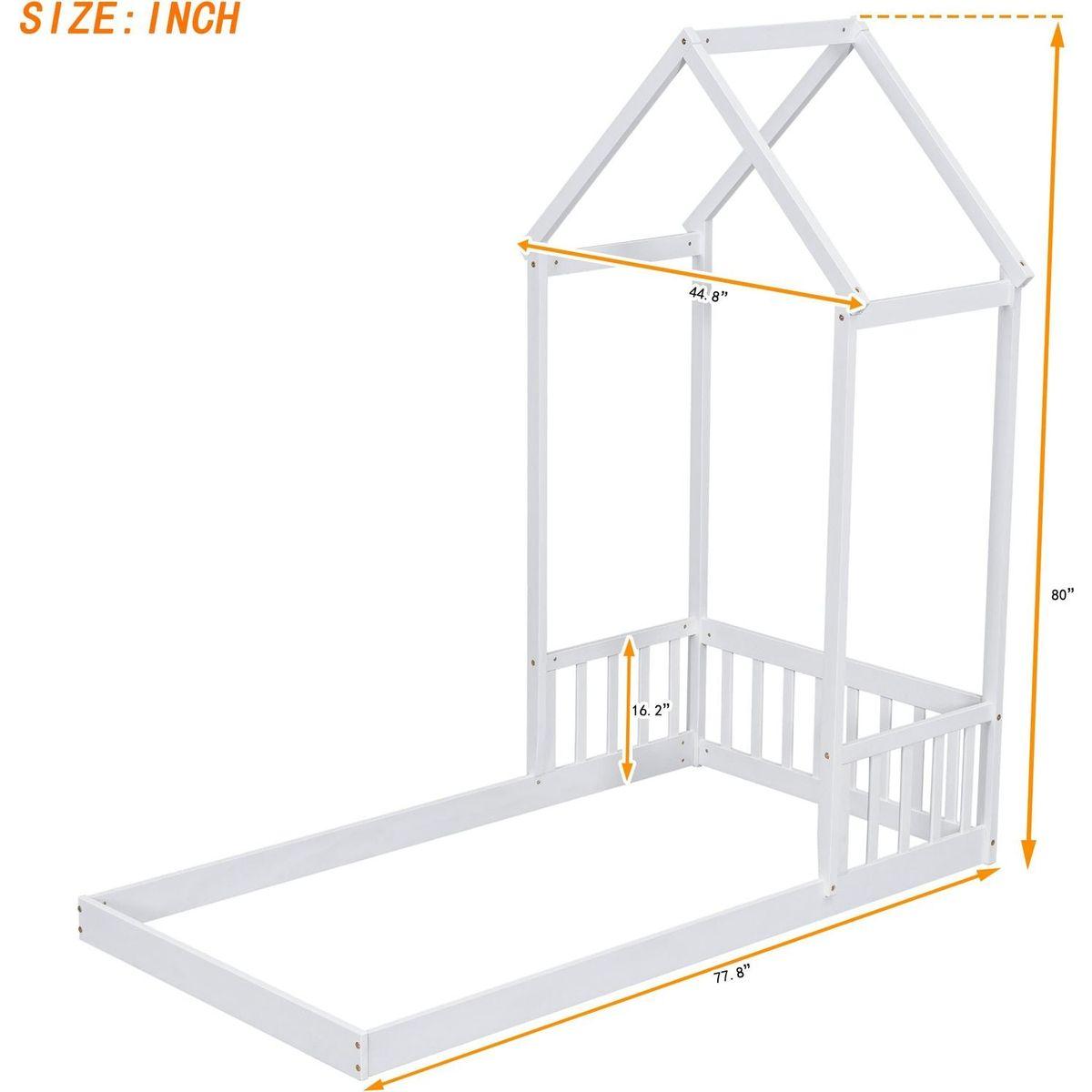 Twin House-shaped Roof Headboard Floor Bed,,(without slats),White