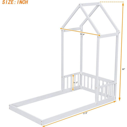 Twin House-shaped Roof Headboard Floor Bed,,(without slats),White